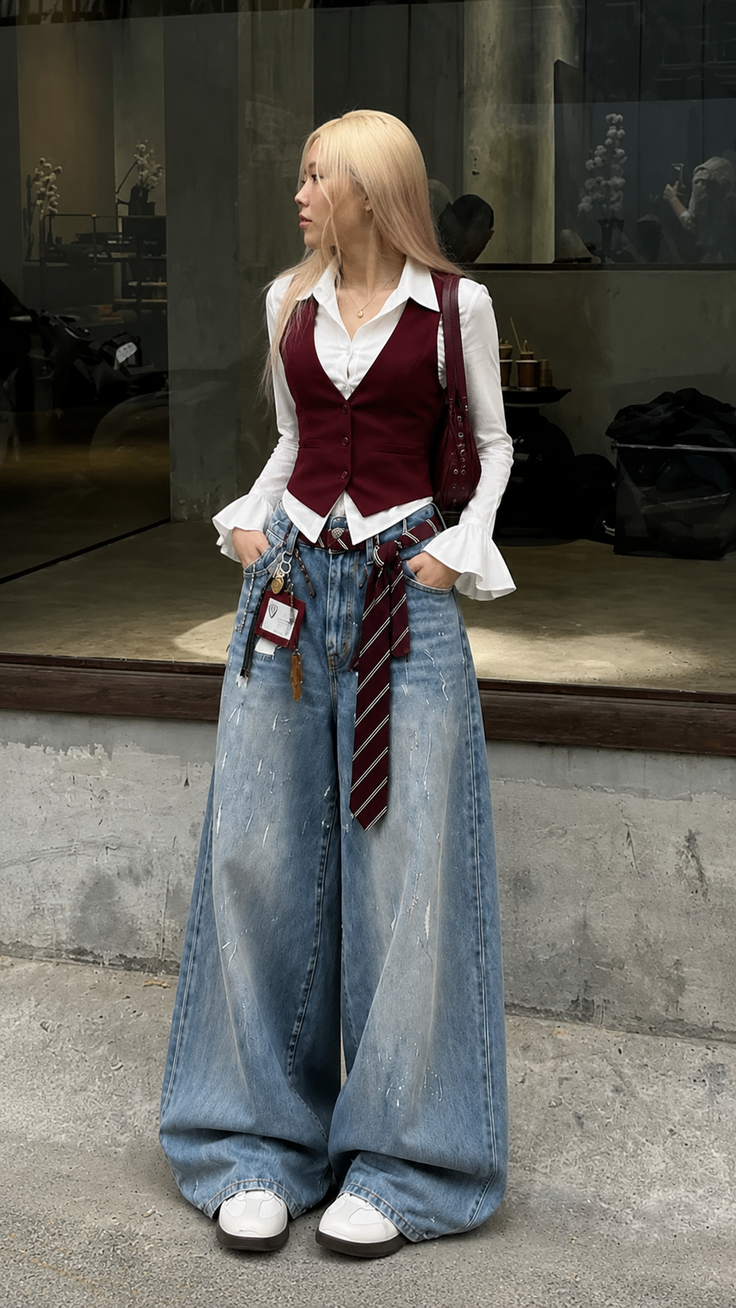 Woman with long blonde hair wearing a maroon vest and wide leg jeans outdoors