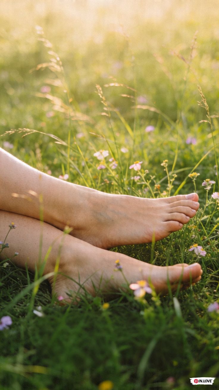 Bare feet resting in green grass with wildflowers during golden hour