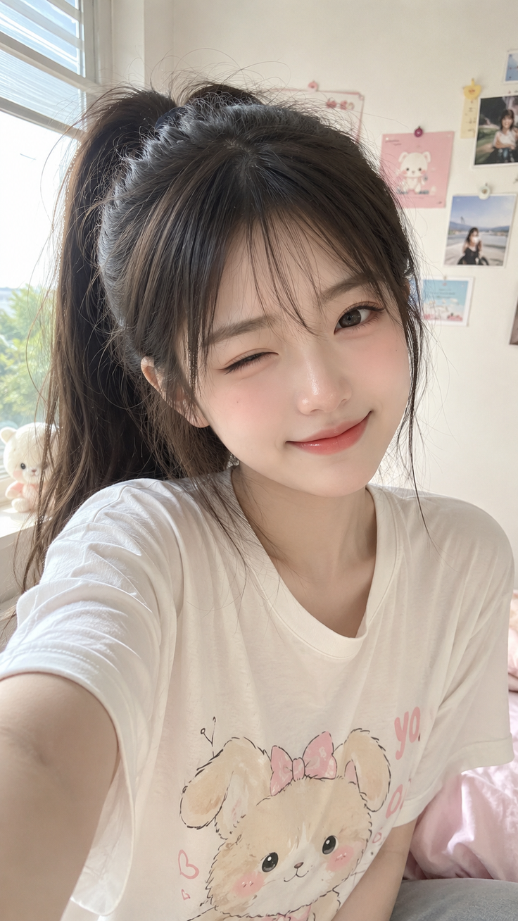 Woman with a ponytail winking and smiling in a white t-shirt with a cute illustration
