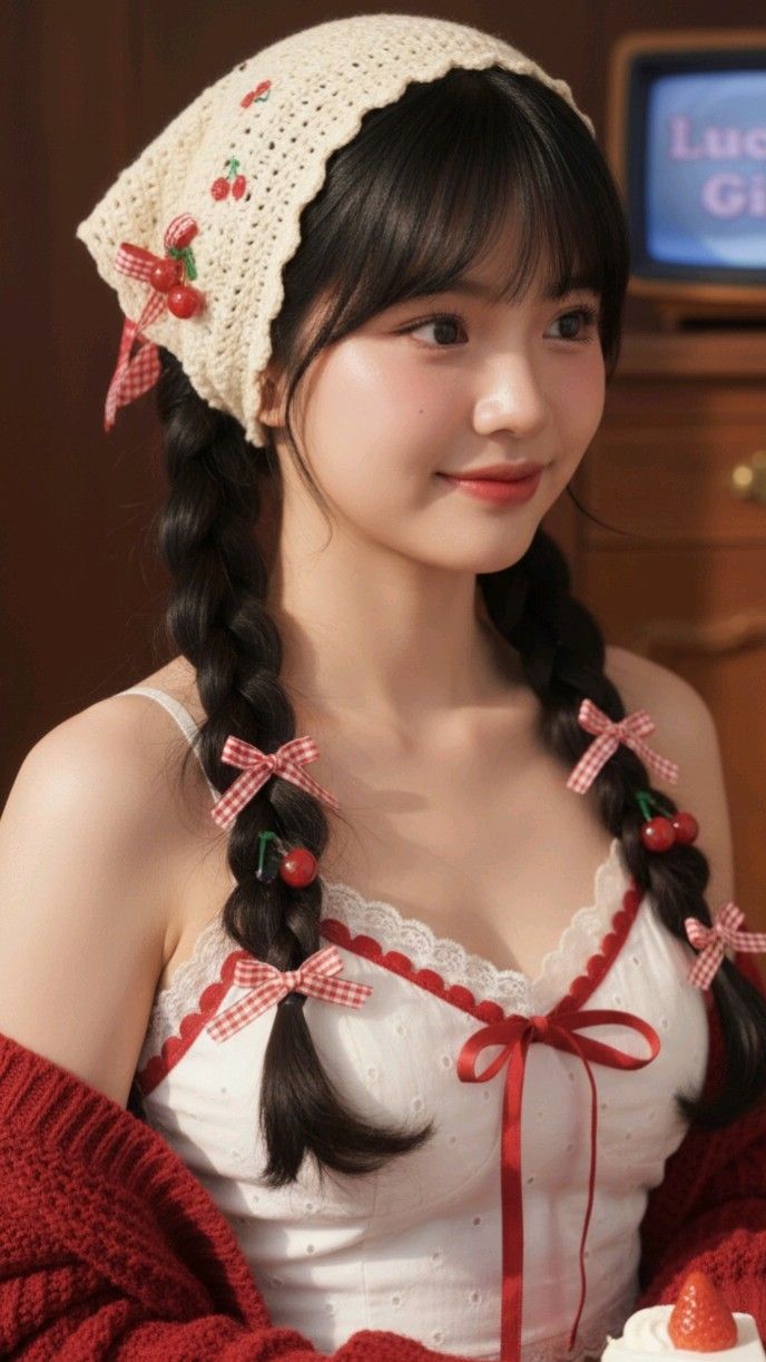 Woman with braided hair and cherry accessories wearing a white camisole and red cardigan