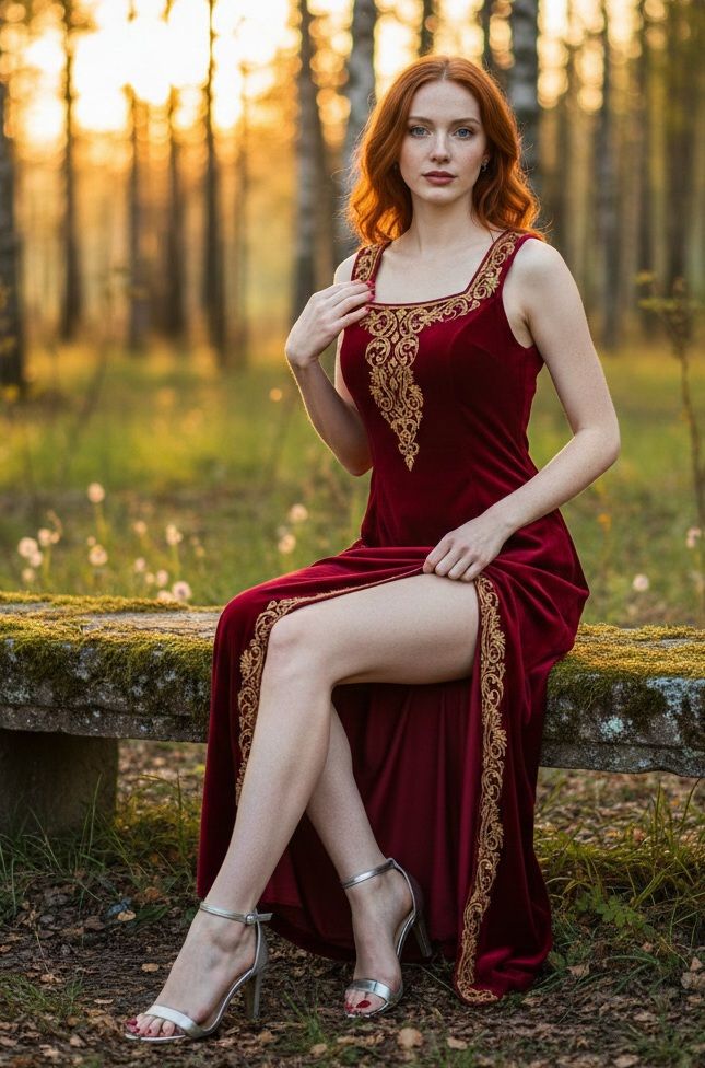 Woman in a red dress with gold embroidery sitting on a mossy bench at golden hour