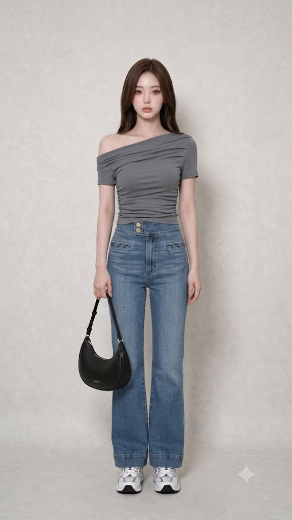 Woman in an off-shoulder top and blue jeans holding a black handbag
