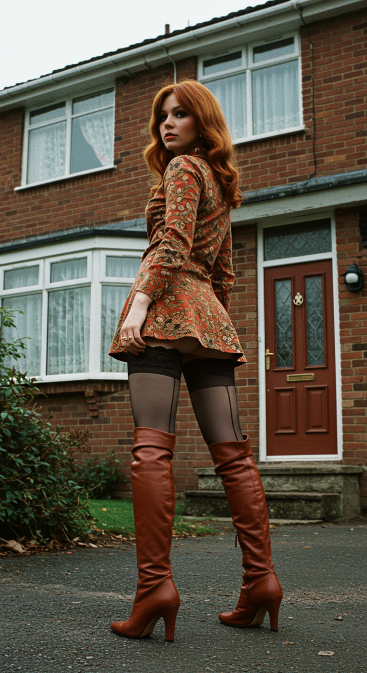 Woman with red hair in a mini dress and thigh-high boots outdoors