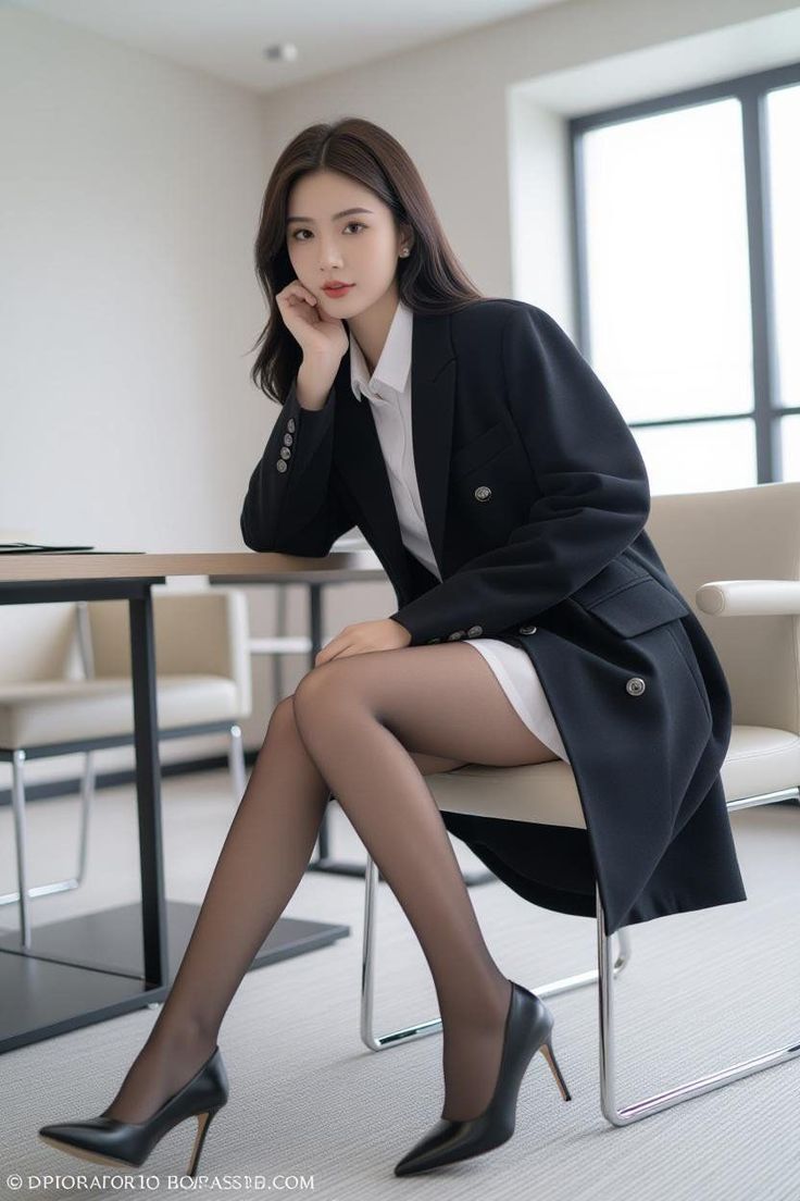 Woman in a black blazer and white shirt with black pantyhose and high heels