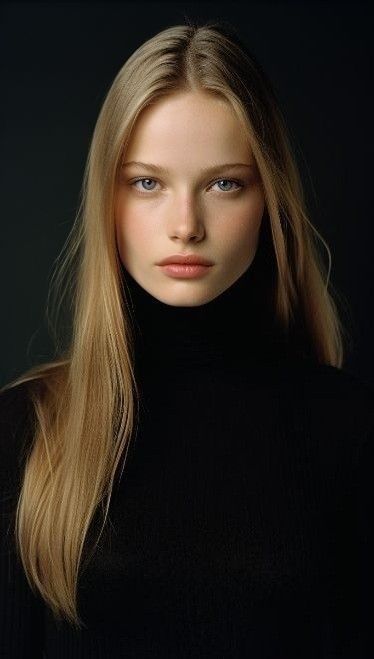 Woman with long blonde hair and blue eyes wearing a black turtleneck