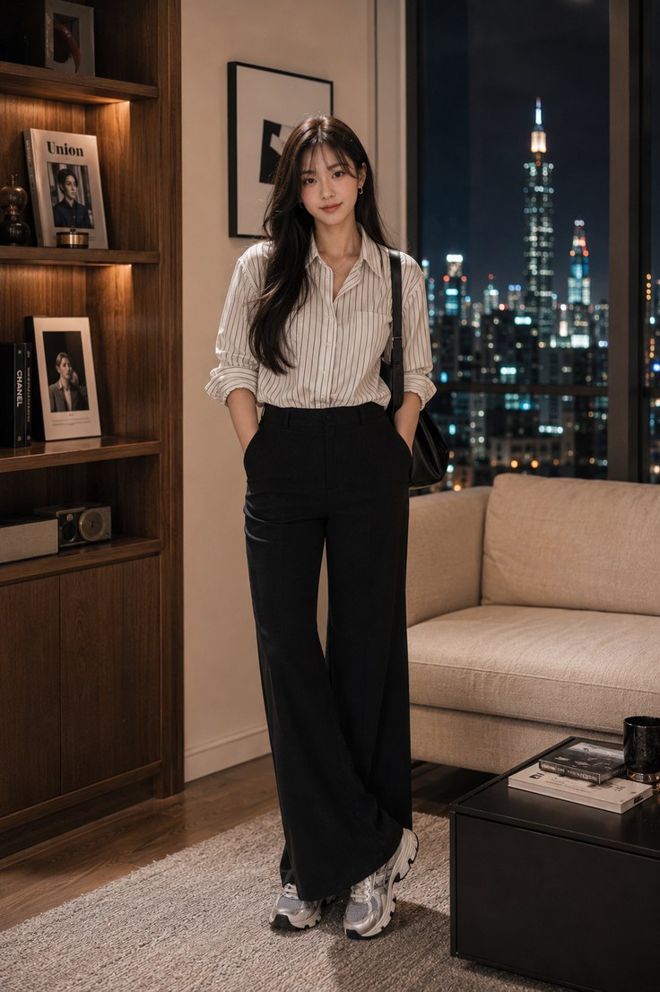 Woman in a striped shirt and wide leg pants standing in an apartment at night