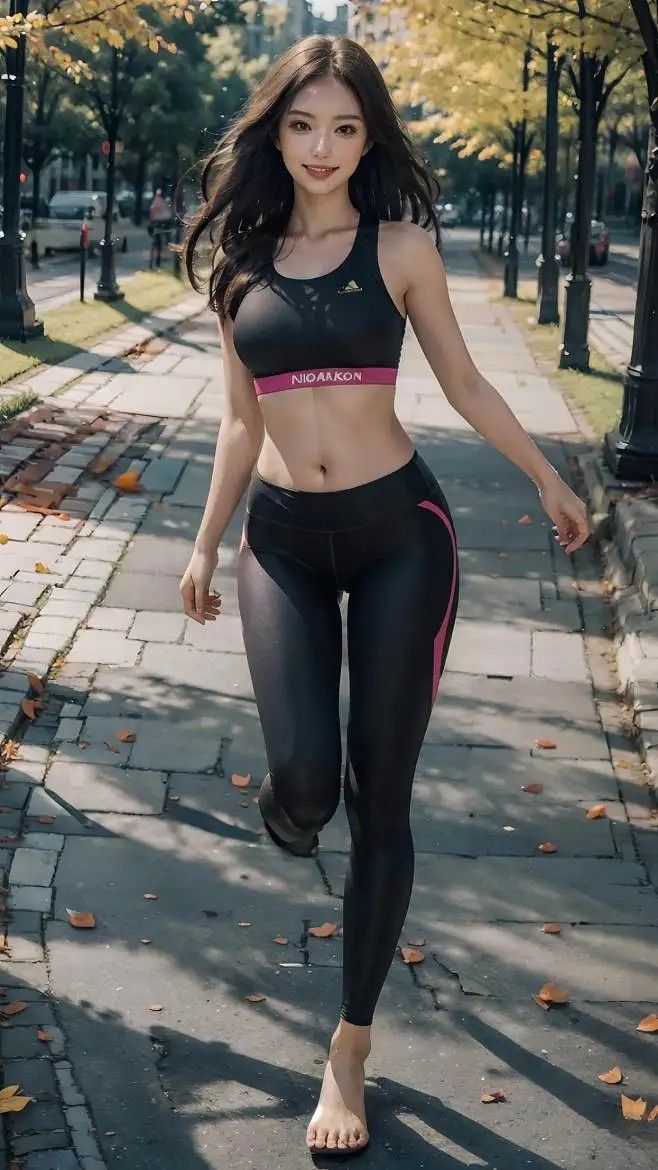 Woman in a sports bra and leggings walking barefoot outdoors