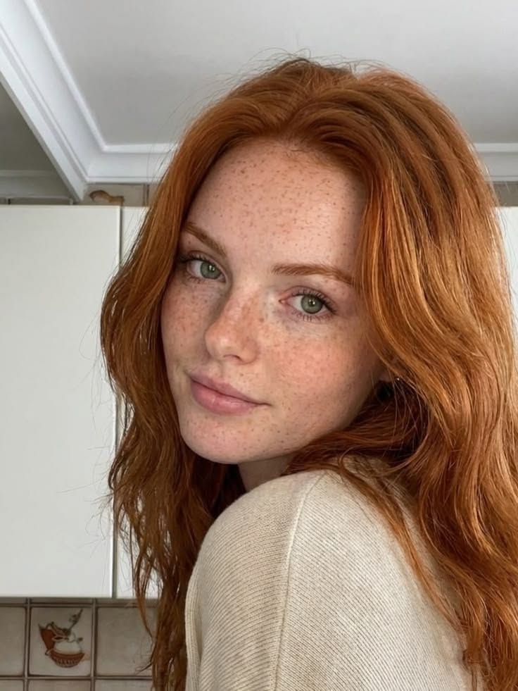 Woman with red hair and freckles looking at the camera indoors