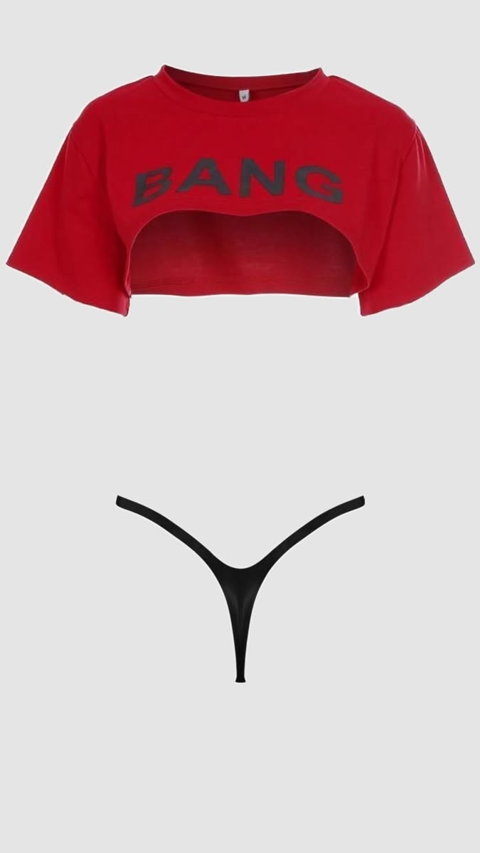 Red crop top with 'BANG' text and a black thong on a plain background