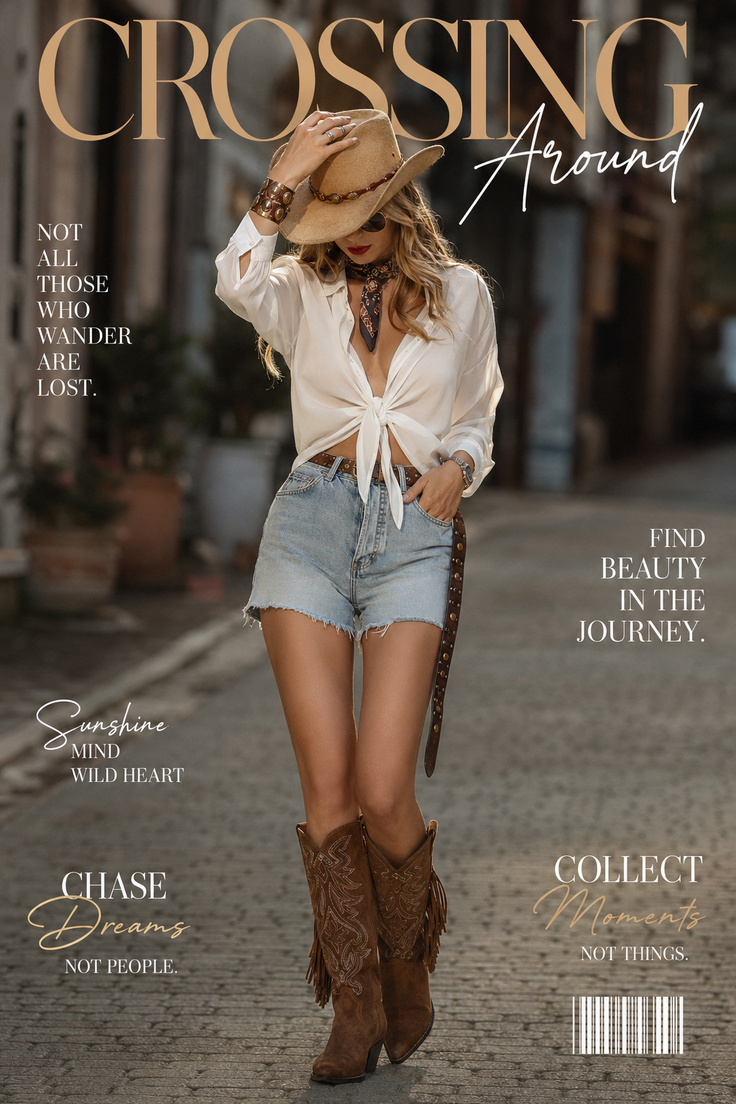 Woman in a cowboy hat, denim shorts, and cowboy boots on a street