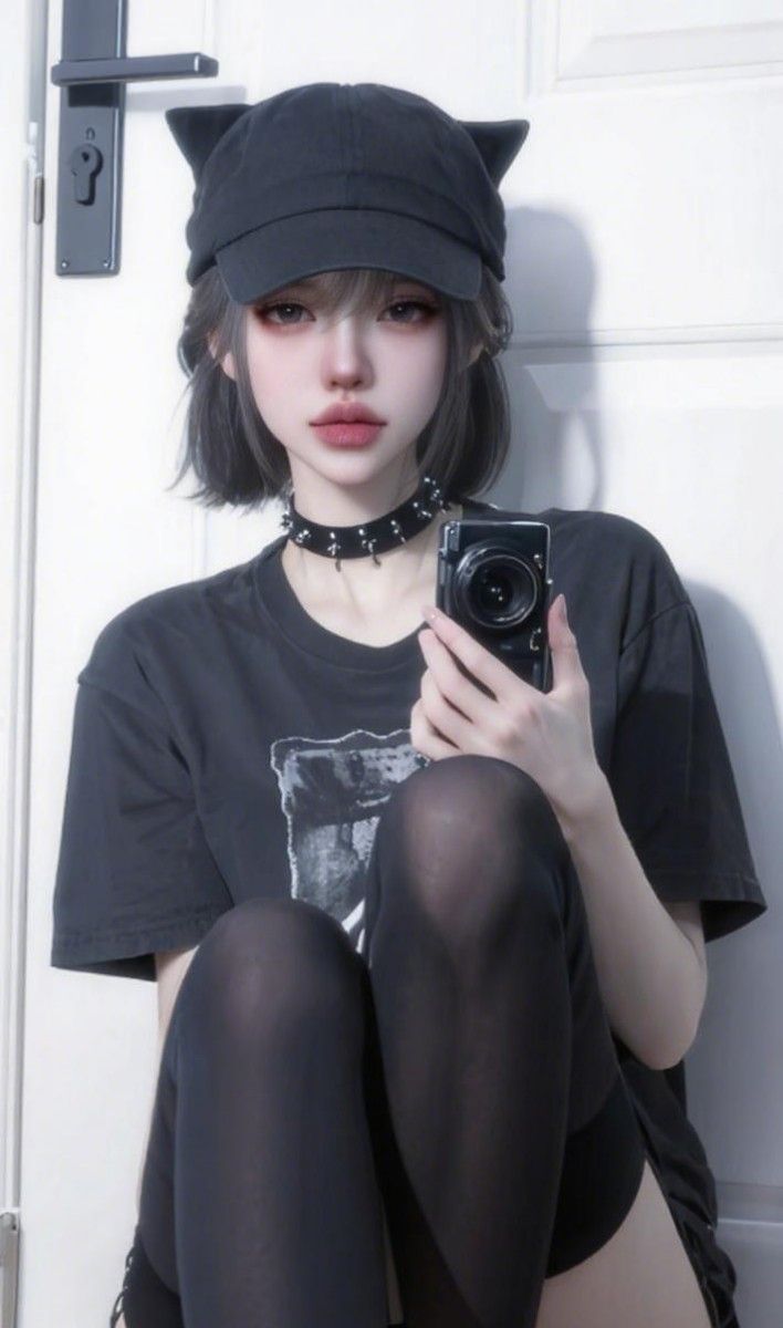 Anime style girl with short hair and a cat ear hat holding a camera