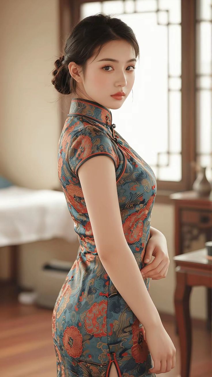 Woman in a patterned cheongsam with an updo hairstyle indoors