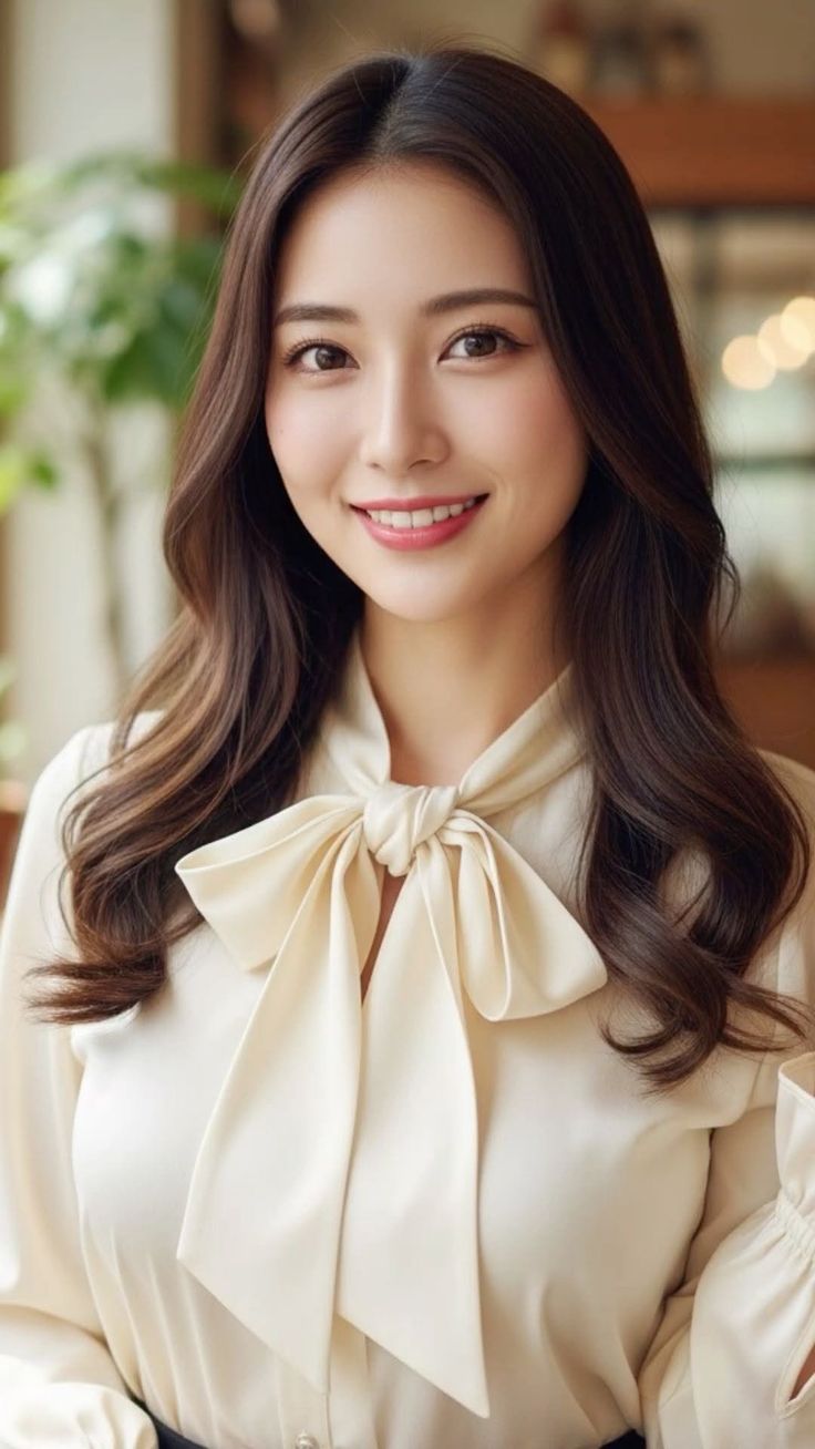 Woman with long brown hair wearing a cream bow blouse