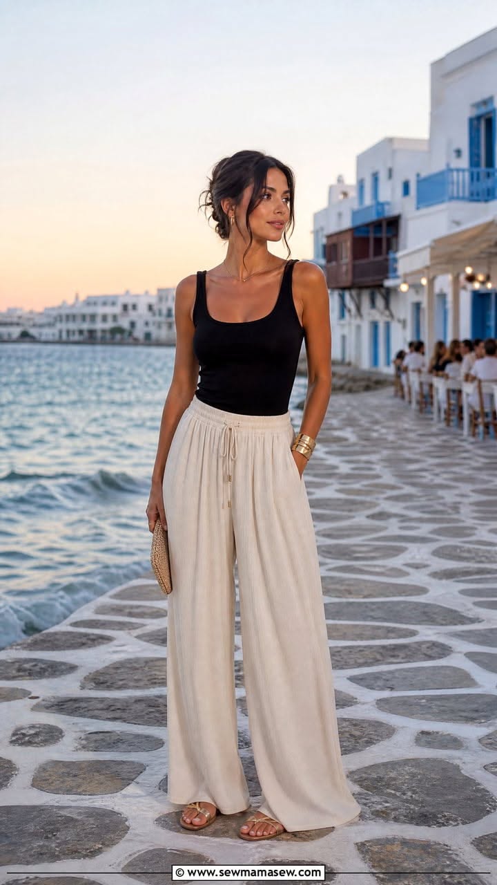Woman in a black tank top and wide leg pants in a coastal town at sunset