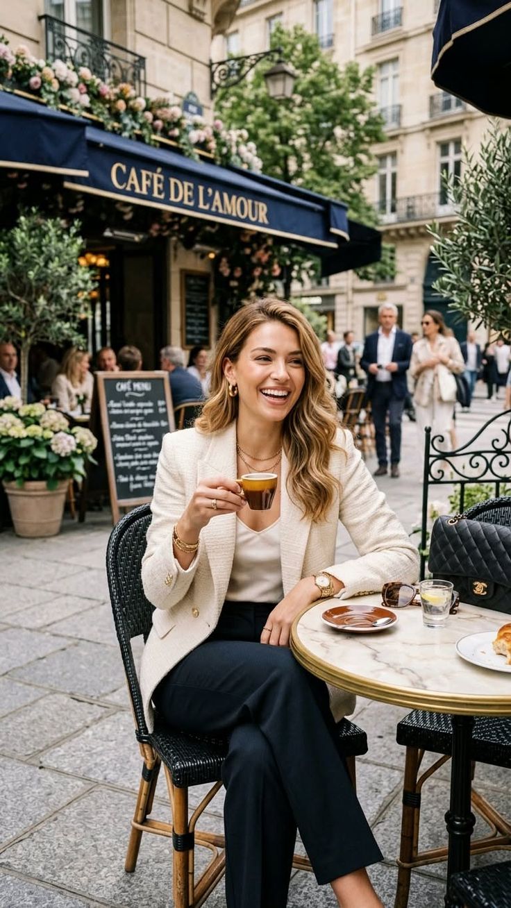 Woman in a blazer and pants sitting at an outdoor cafe table, smiling and holding a coffee cup