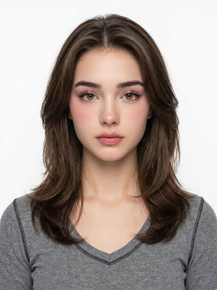 Young woman with long brown hair and pink makeup in a grey shirt