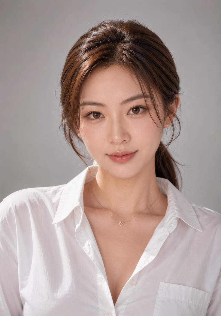 Woman with brown hair in a white shirt and heart necklace in a studio