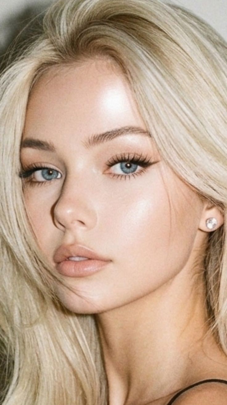 Close up portrait of a woman with blonde hair and blue eyes