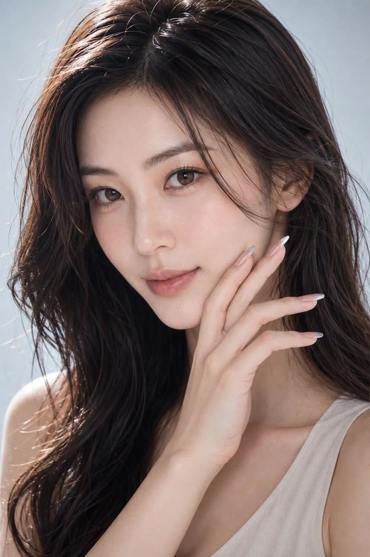 Woman with long dark hair and natural makeup posing for a portrait