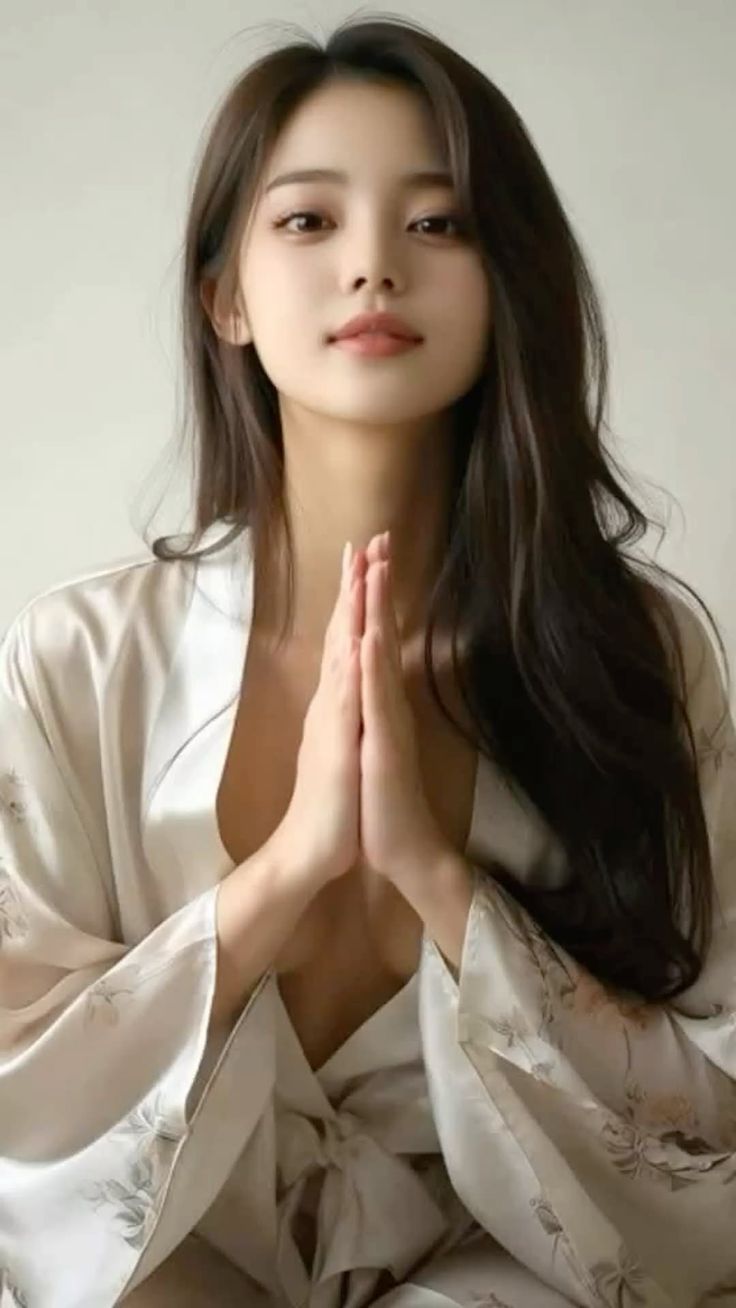 Woman in a light kimono with hands pressed together in a portrait shot
