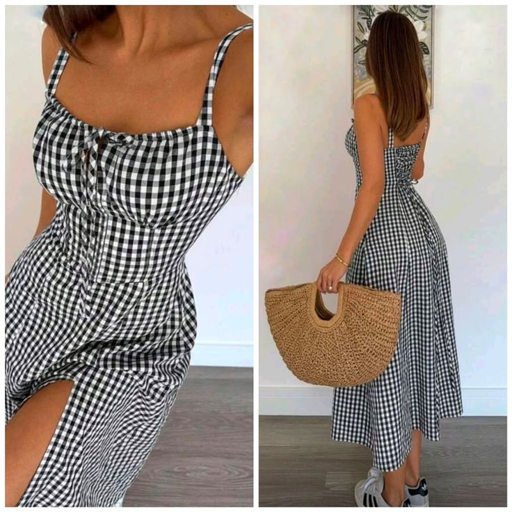 Woman in a black and white gingham dress with a straw bag