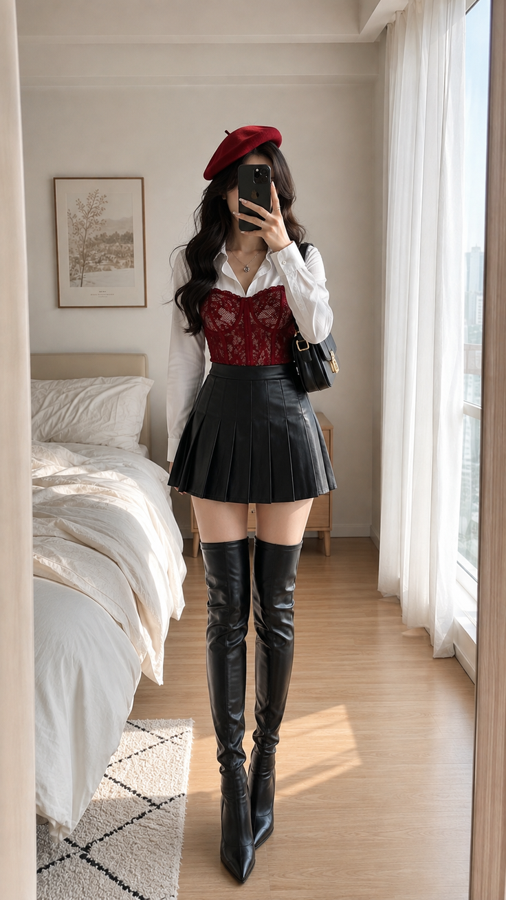 Woman in a red beret and thigh-high boots posing in a bedroom