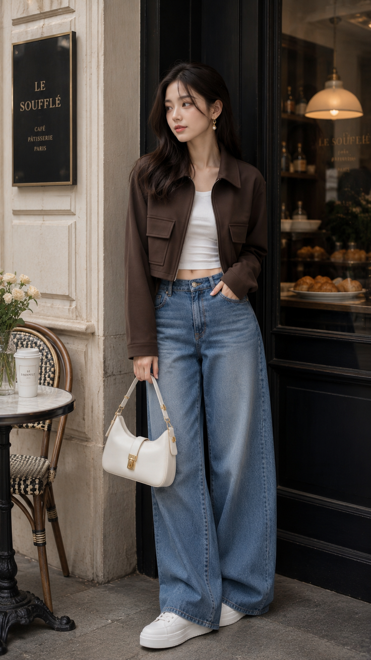 Woman in a brown cropped jacket and wide leg jeans standing outside a cafe