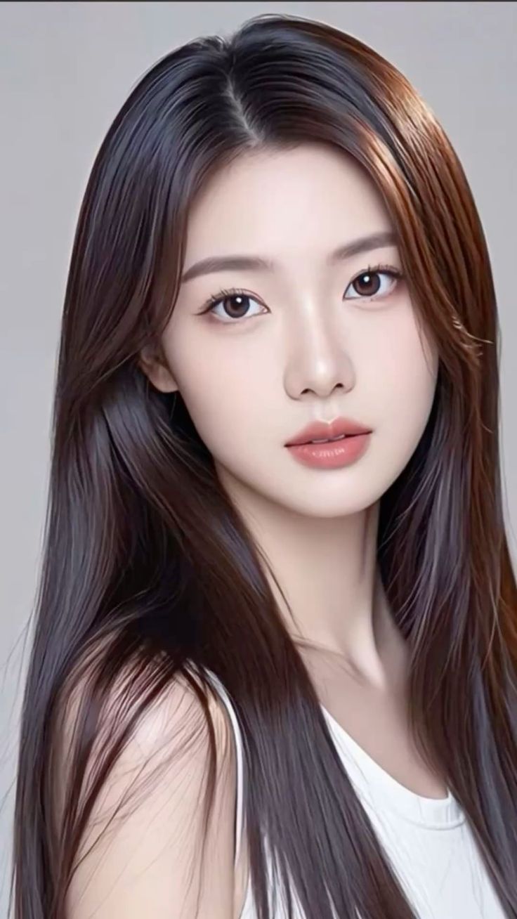 Woman with long dark brown hair wearing a white top, looking directly at the viewer