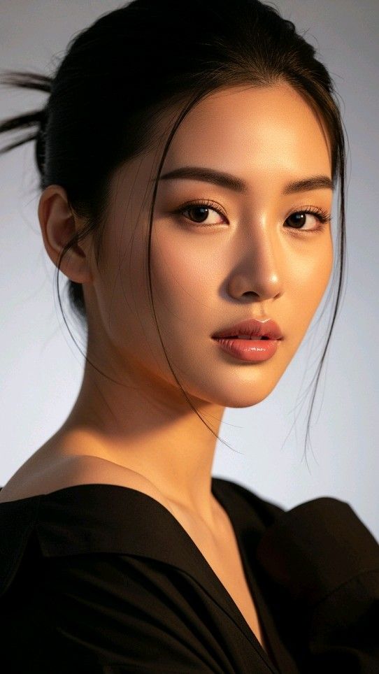 Woman with black hair and bare shoulders in a studio portrait with warm lighting