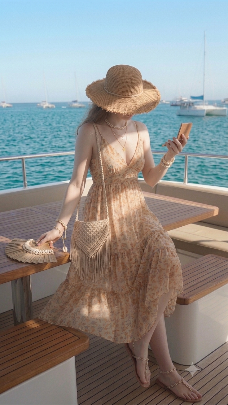 Woman in a straw hat and maxi dress on a yacht with the ocean in the background