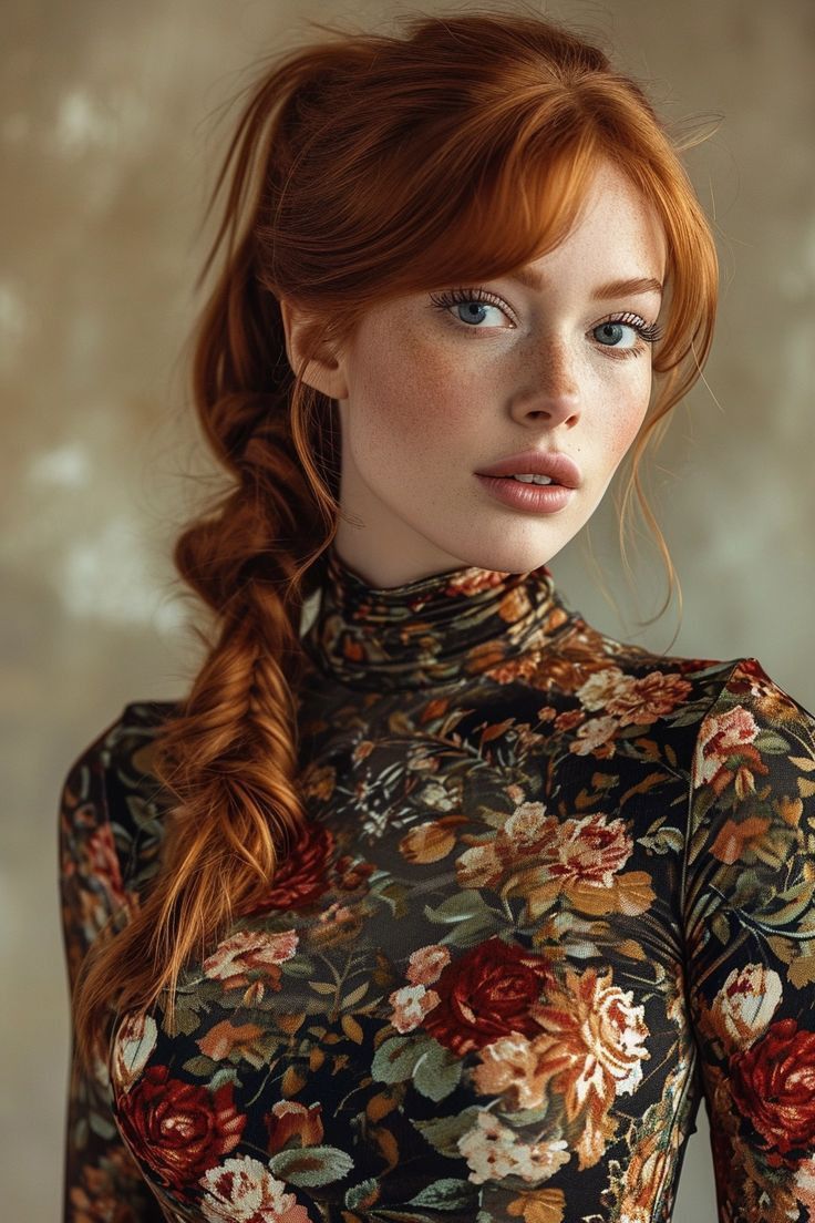 Woman with red hair and freckles wearing a floral turtleneck top
