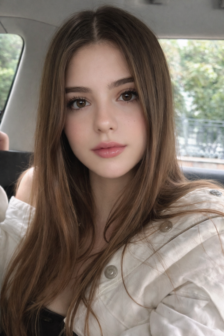 Young woman with long brown hair wearing an off-shoulder top in a car