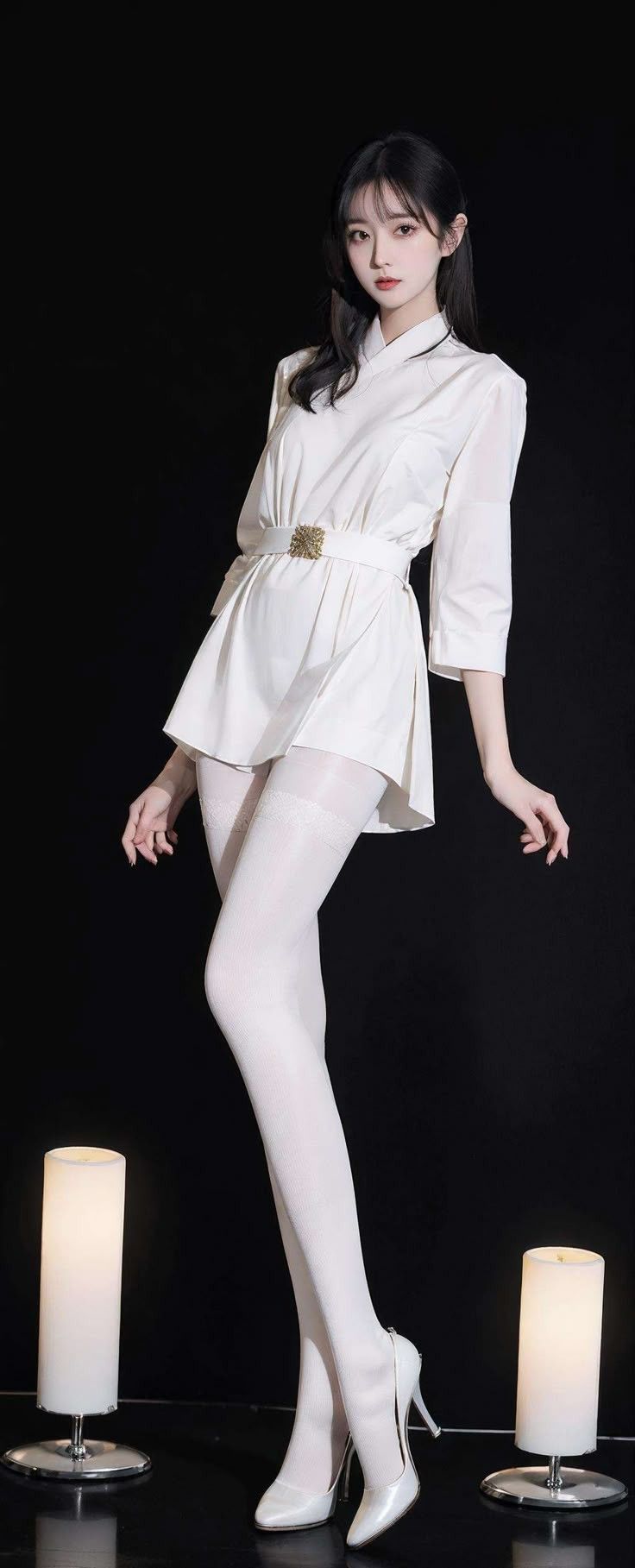 Woman in a white dress and stockings posing in a studio with soft lighting