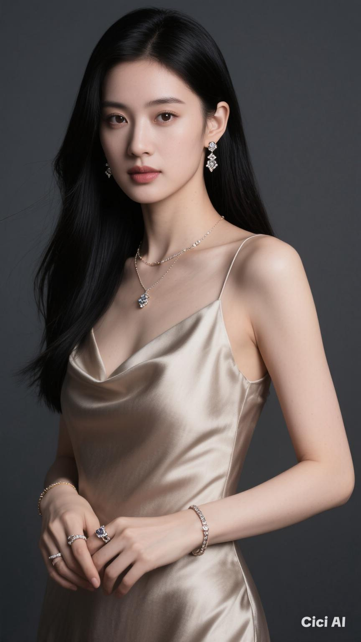 Woman with long black hair wearing a silk dress and jewelry