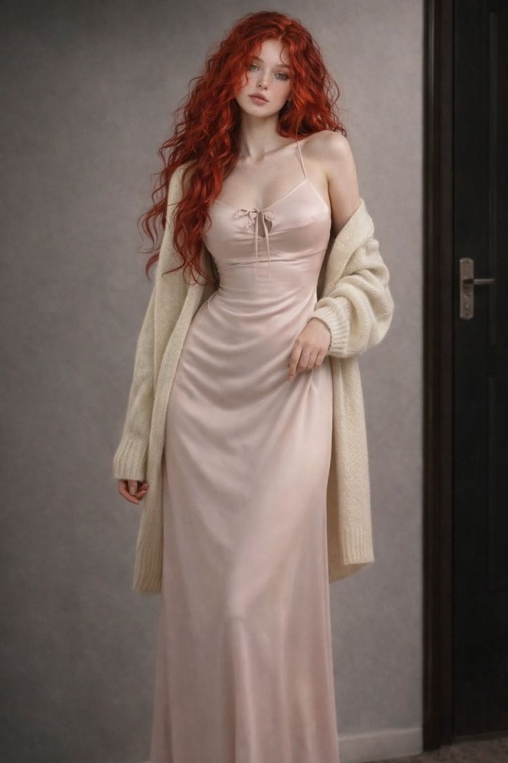 Woman with long red hair wearing a slip dress and cardigan indoors