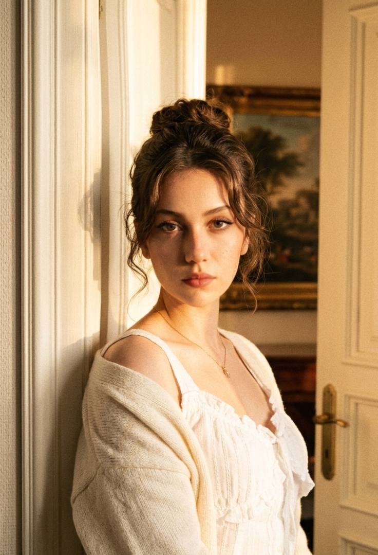 Woman with a messy bun wearing a white top and cardigan in golden hour light