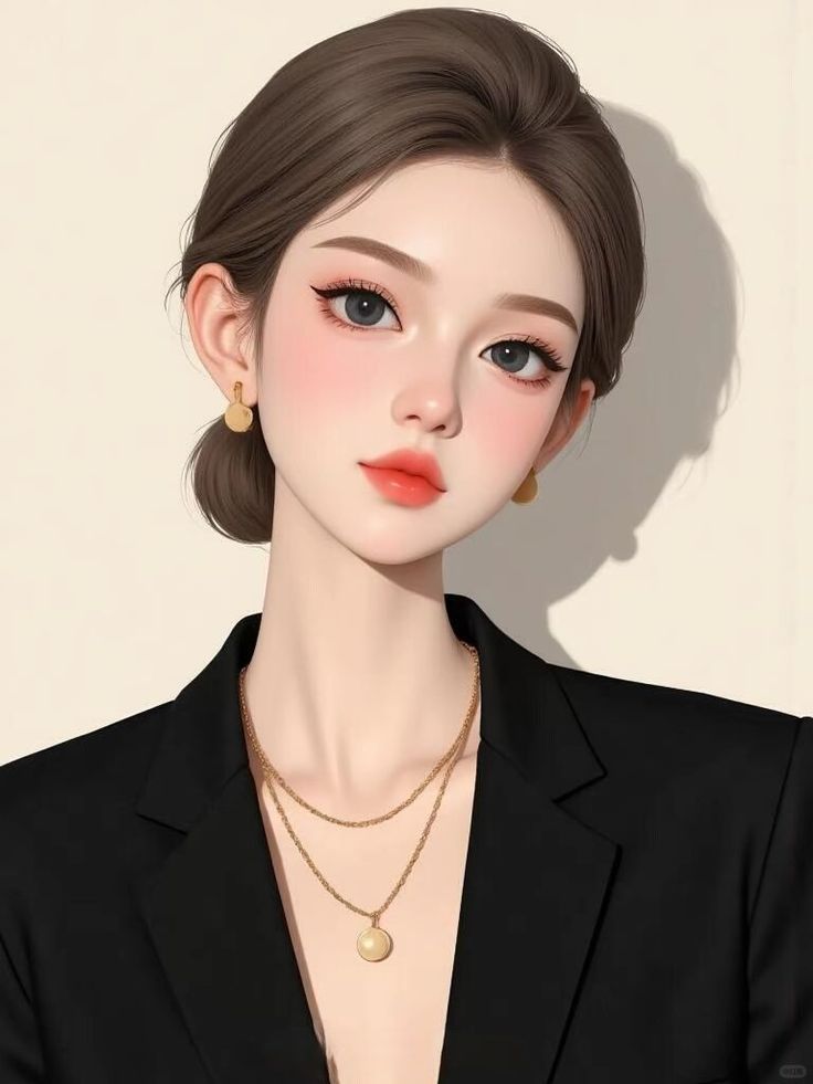 Illustration of a woman in a black blazer with gold jewelry and an updo