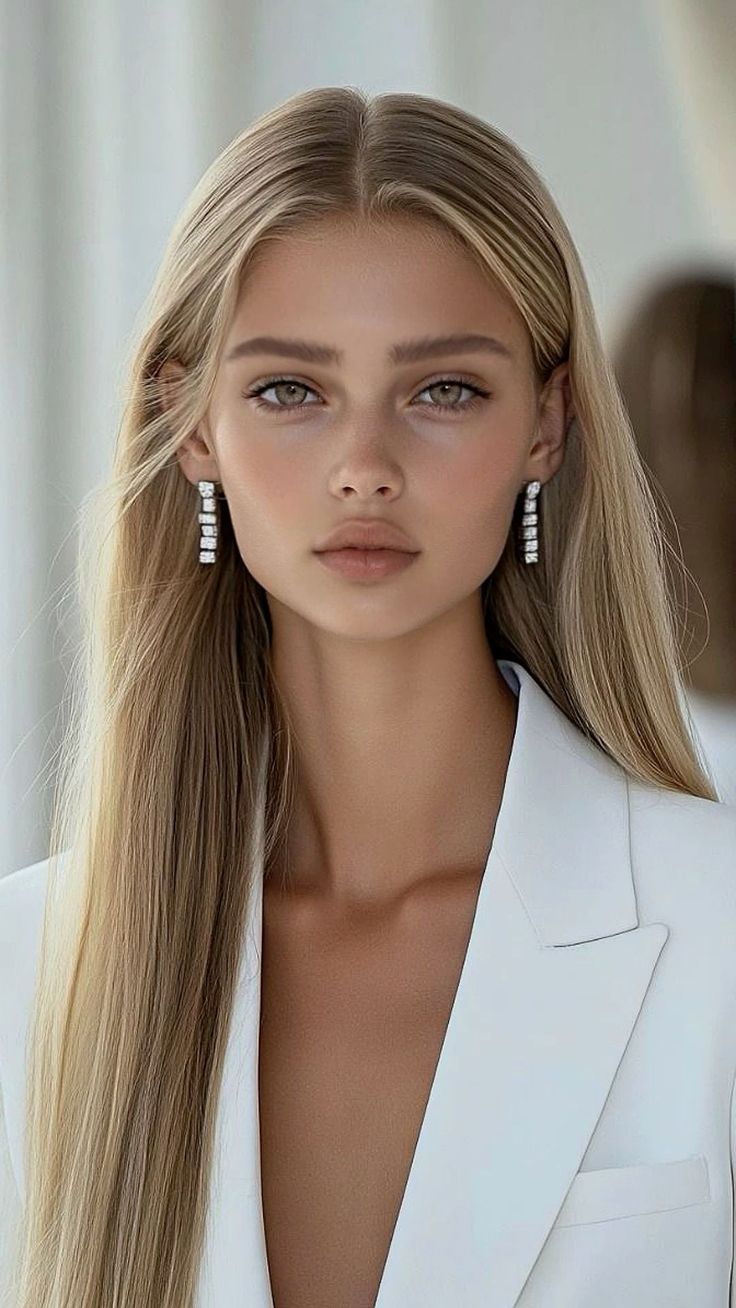 Woman with long blonde hair and a white blazer wearing earrings
