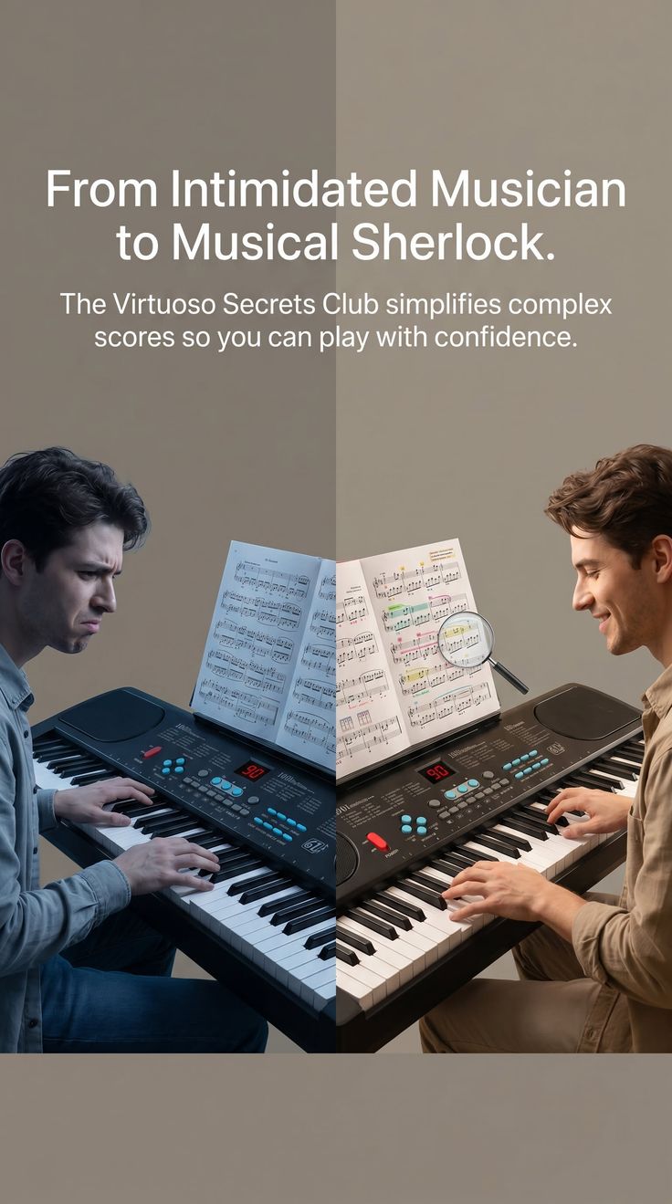 Two men playing keyboards, one looking confused and the other smiling with a magnifying glass