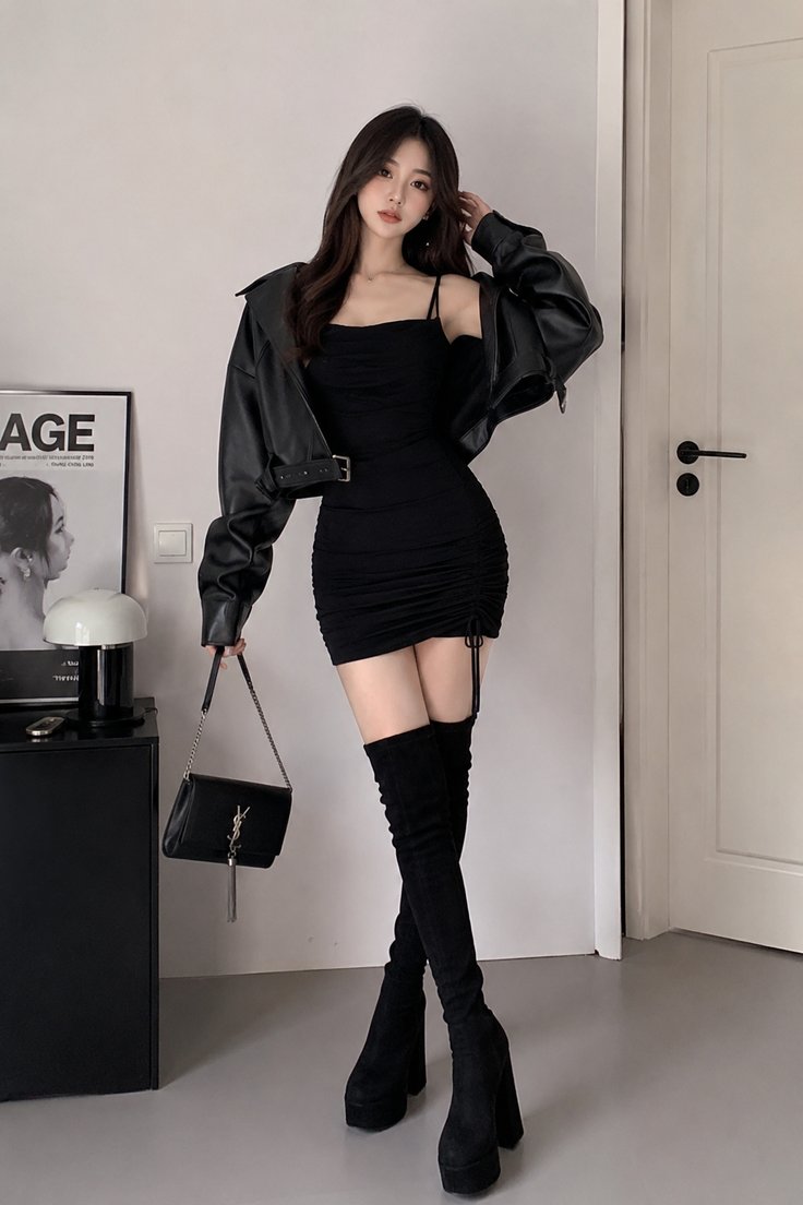 Woman in a black dress, leather jacket, and thigh-high boots posing indoors