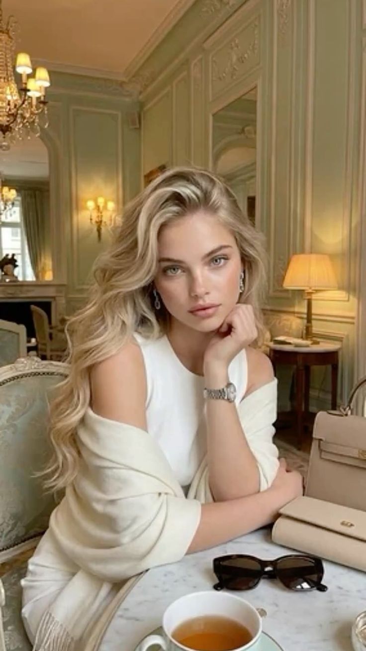 Woman with long blonde hair in an elegant indoor setting