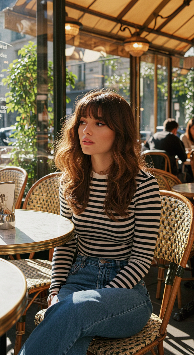 Woman with long hair in a striped shirt and jeans sitting at an outdoor cafe