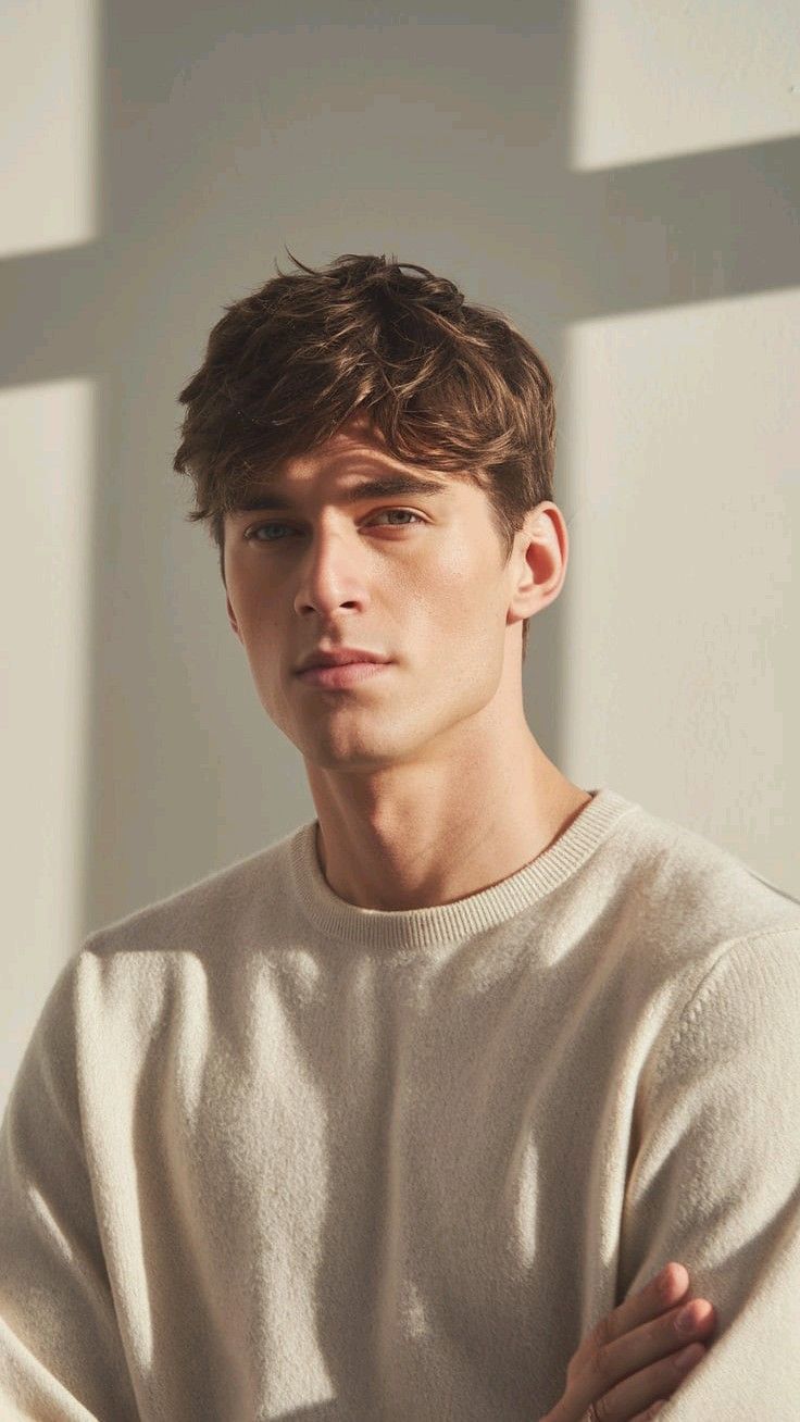 Man with brown hair wearing a light-colored crew neck sweater indoors