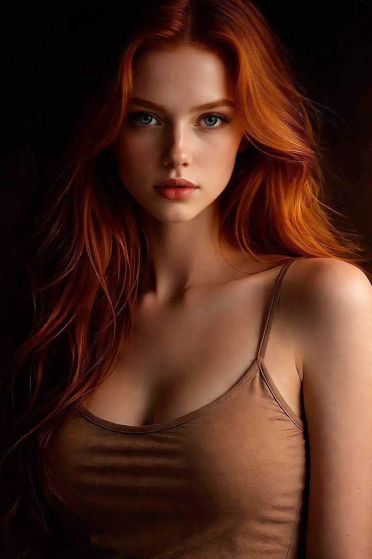Woman with long red hair and blue eyes in a brown tank top