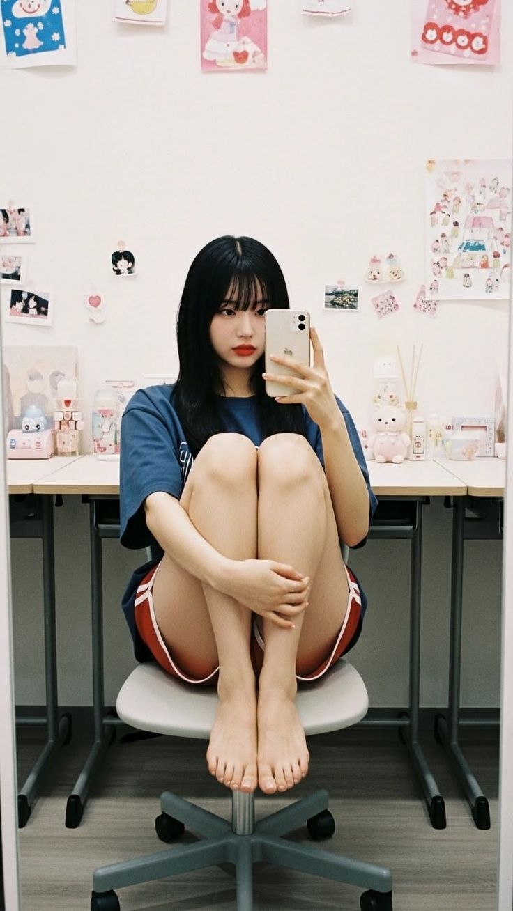 Woman with long black hair taking a mirror selfie while sitting on a chair