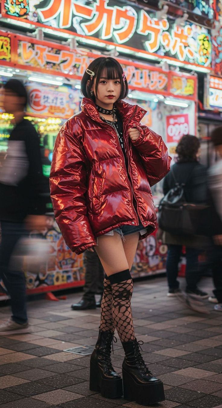 Woman in a red puffer jacket and platform boots on a neon-lit street
