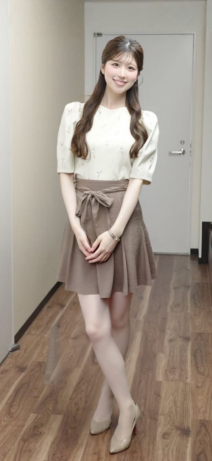 Woman with long brown hair wearing a blouse and mini skirt indoors