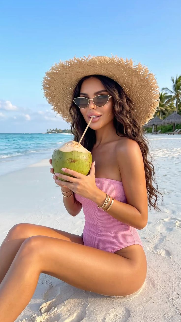 Woman in a pink swimsuit and straw hat drinking from a coconut on a beach