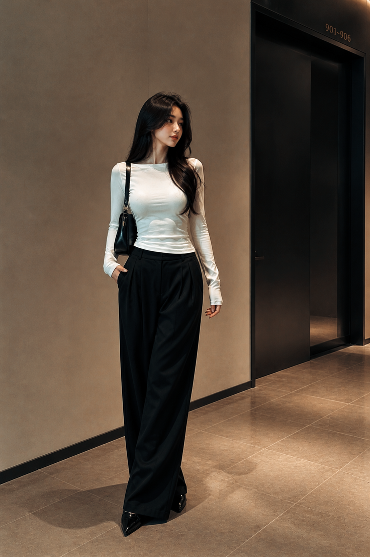 Woman with long dark hair in a white top and black pants indoors