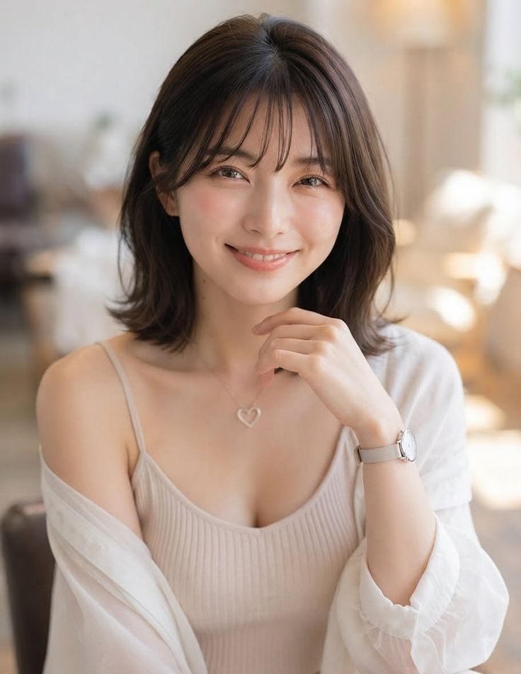Woman with short hair and a heart necklace smiling indoors